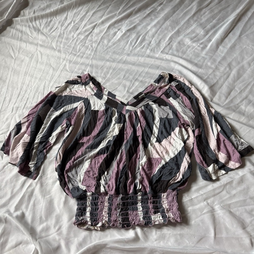 American Rag Geometric Smocked Peasant Top XS Boho Puff Sleeve Crop Blouse